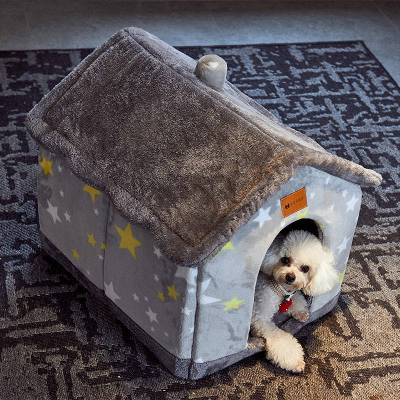 Foldable Dog House & Cat Bed — Enclosed Winter Pet Kennel Villa