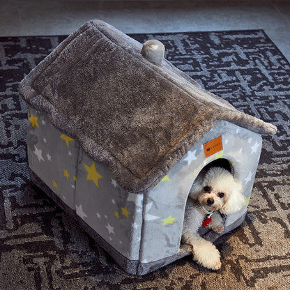 Foldable Dog House & Cat Bed — Enclosed Winter Pet Kennel Villa