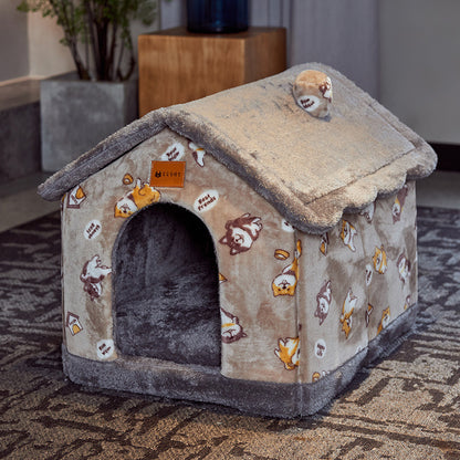 Foldable Dog House & Cat Bed — Enclosed Winter Pet Kennel Villa