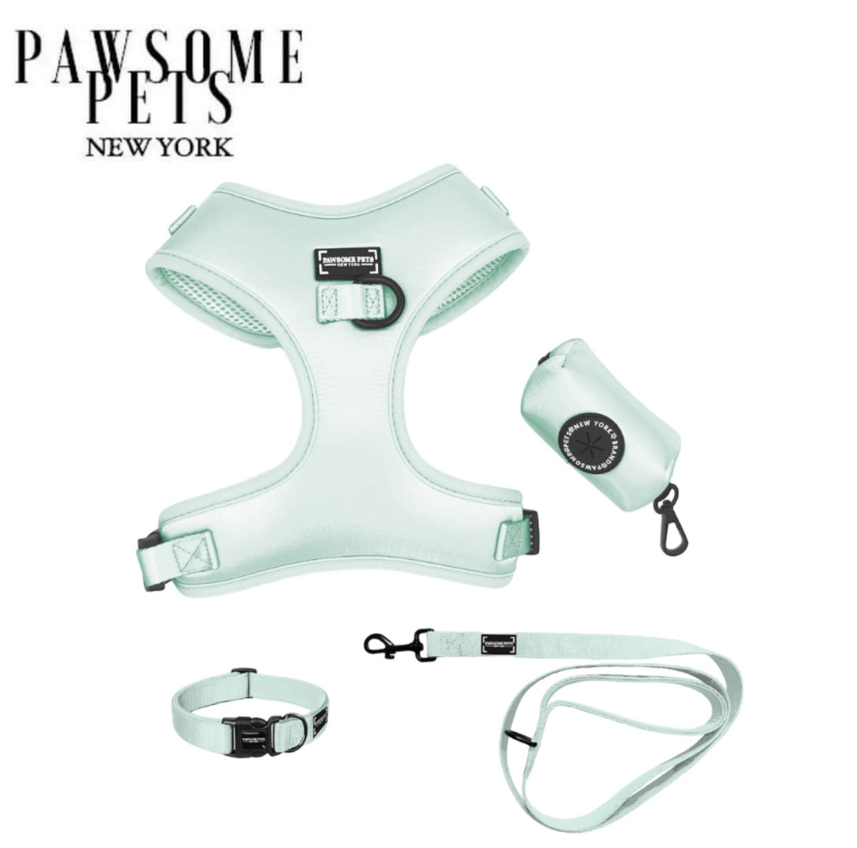 Mint Green Dog Walking Bundle – Silk Harness, Collar, Lead & Bowtie
